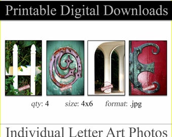 Printable Digital Download Letter Art. HOME Wall Art. Qty - 4  Size - 4"x6"  Instantly Download & Print. Letters That Spell HOME. DIY Gifts.