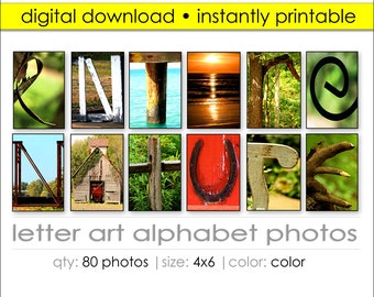 Letter Art Digital 80 Photo Package. Create 100's of Gifts Today! DIY Gift Ideas. Print Wall Art Name Signs. Size 4x6. Nature Alphabet Art.