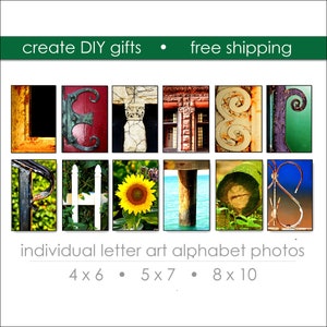 Fotos de arte com letras do alfabeto para presentes com fotos pessoais. Soletre seu nome em imagens para sinais de nome personalizados. Idéias criativas para presentes DIY. Fotos coloridas.