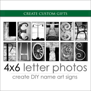 Fotos artísticas con letras del alfabeto para regalos fotográficos personales. Deletrea tu nombre en imágenes para carteles con nombres personalizados. Ideas creativas de regalos personalizados de bricolaje.