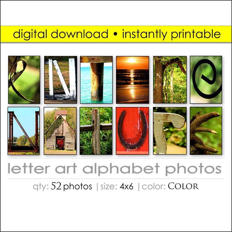 Entire Alphabet Letter Art Download to Create DIY Custom Name Gifts. Two of Each Letter 52 Photos Digital Photos. Size 4x6 Color Prints. image 1