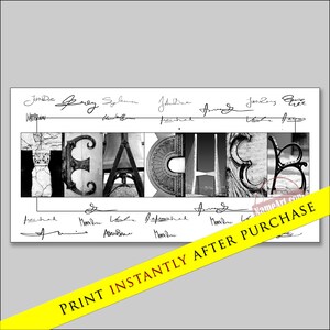 May include: Black and white printable art print with the word "TEACHER" spelled out in large letters made of different architectural elements. The print includes a handwritten list of names at the top and bottom.