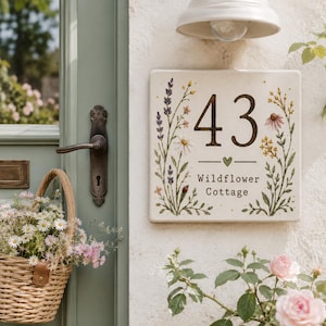Könnte beinhalten: Quadratisches, cremefarbenes Keramik-Hausschild mit der braunen Hausnummer 43. Das Schild ist mit floralen Illustrationen und den Worten "Wildflower Cottage" versehen. Ein Weidenkorb mit Blumen hängt an einer grünen Tür.