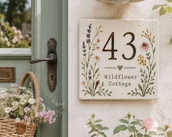 Número de casa personalizado con diseño de flores silvestres, placa de cerámica para puerta, letrero de dirección estilo cottagecore, letrero floral personalizado para la casa, regalo para un nuevo hogar.