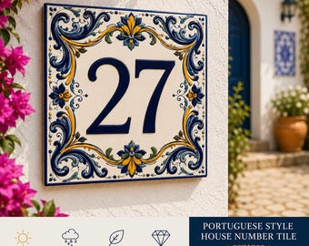 Portuguese Azulejo House Number – Custom Ceramic Address Tile – Blue & Yellow Outdoor Plaque – Personalized Home Sign