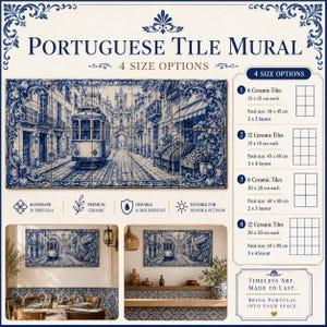 Pu&ograve; includere: Murales di piastrelle portoghesi blu e bianche raffiguranti una scena di strada con un tram d'epoca. Il murale &egrave; disponibile in quattro dimensioni, realizzato in ceramica di alta qualit&agrave;, durevole e resistente allo sbiadimento. Il testo dice "Murales di piastrelle portoghesi".