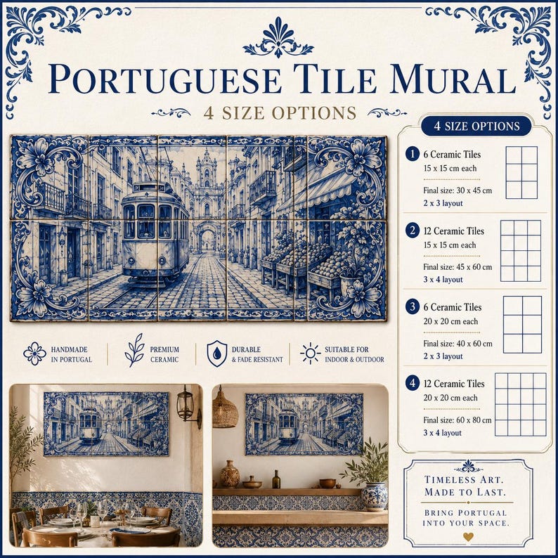 Pu&ograve; includere: Murales di piastrelle portoghesi blu e bianche raffiguranti una scena di strada con un tram d'epoca. Il murale &egrave; disponibile in quattro dimensioni, realizzato in ceramica di alta qualit&agrave;, durevole e resistente allo sbiadimento. Il testo dice "Murales di piastrelle portoghesi".