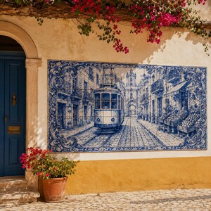 Pu&ograve; includere: Un murale di piastrelle blu e bianche raffigurante una scena di strada d'epoca con un tram, edifici e una strada acciottolata. Il murale &egrave; montato su un muro beige con una striscia gialla, una porta blu e un vaso di terracotta con fiori rossi.