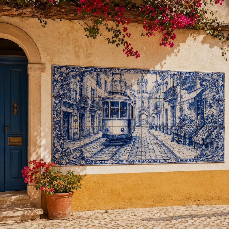 Pu&ograve; includere: Un murale di piastrelle blu e bianche raffigurante una scena di strada d'epoca con un tram, edifici e una strada acciottolata. Il murale &egrave; montato su un muro beige con una striscia gialla, una porta blu e un vaso di terracotta con fiori rossi.