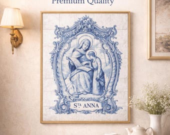 Panel de azulejos personalizados de Santa Ana, arte mural de azulejos azules portugueses, mural de cerámica personalizado, decoración religiosa vintage de 50 x 70 cm.