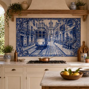 Pu&ograve; includere: Un paraschizzi da cucina con un murale di piastrelle blu e bianche raffigurante una scena di strada vintage con un tram. Il murale &egrave; sopra un piano di lavoro bianco con una pentola di rame e un fornello a gas. Gli elementi decorativi includono una ciotola di legno con limoni.