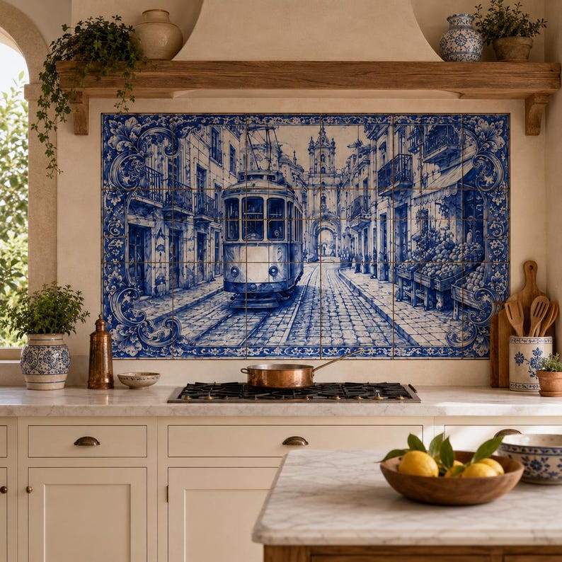 Pu&ograve; includere: Un paraschizzi da cucina con un murale di piastrelle blu e bianche raffigurante una scena di strada vintage con un tram. Il murale &egrave; sopra un piano di lavoro bianco con una pentola di rame e un fornello a gas. Gli elementi decorativi includono una ciotola di legno con limoni.