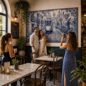 Pu&ograve; includere: Interno di un caff&egrave; con un grande murale blu e bianco raffigurante una scena di strada con un tram. Una coppia posa per una foto, mentre un'altra persona scatta la foto. Sono visibili tavoli, sedie e una lavagna del menu.
