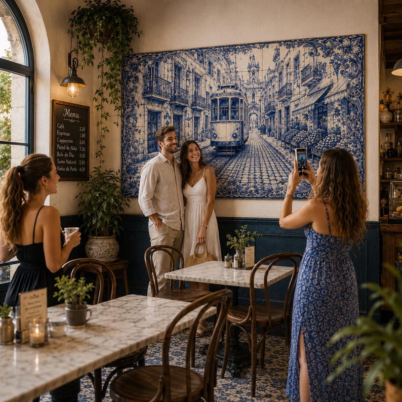 Pu&ograve; includere: Interno di un caff&egrave; con un grande murale blu e bianco raffigurante una scena di strada con un tram. Una coppia posa per una foto, mentre un'altra persona scatta la foto. Sono visibili tavoli, sedie e una lavagna del menu.
