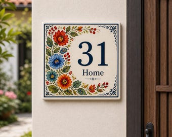 Placa con número de casa ucraniana – Estilo Petrykivka – Placa de dirección personalizada – Letrero de cerámica colorido
