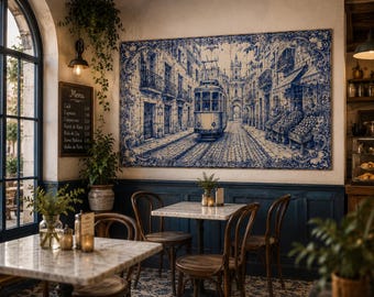 Mural de azulejos de cerámica portuguesa, arte mural de azulejos del tranvía de Lisboa, salpicadero de cocina azul y blanco, decoración de cafetería, restaurante y hotel.