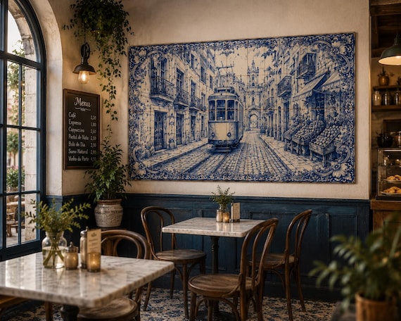 Portuguese Ceramic Tile Mural, Lisbon Tram Azulejo Wall Art, Blue White Kitchen Backsplash, Cafe Restaurant Hotel Decor