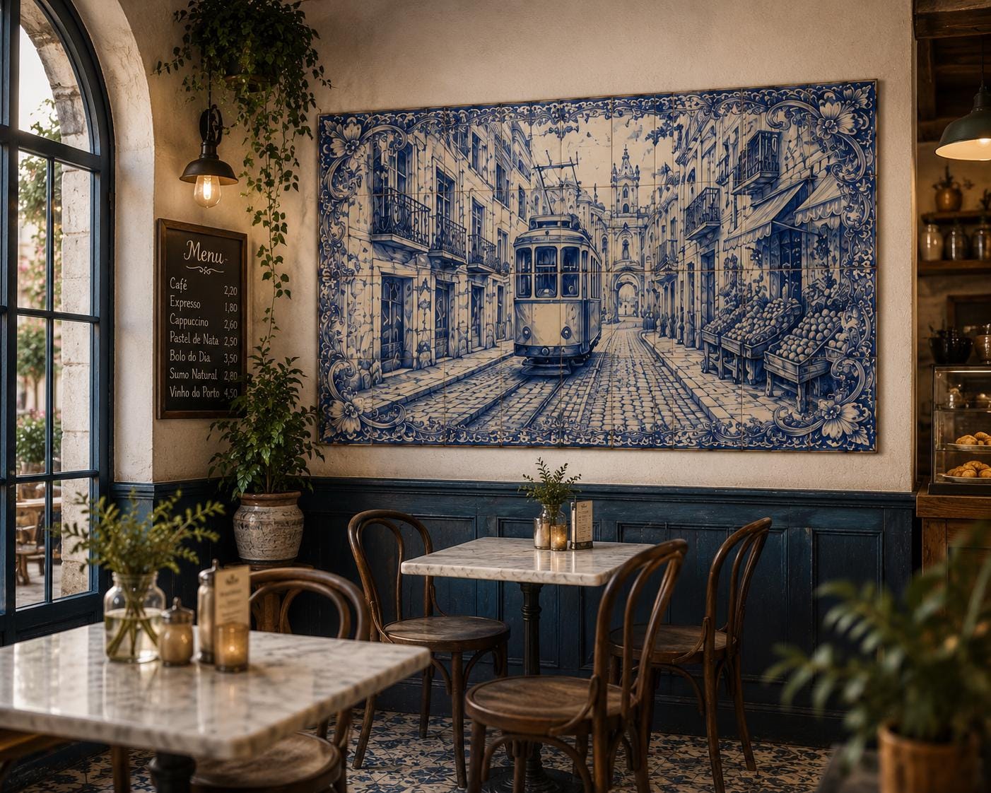 Portuguese Lisbon Tram Tile Mural, Blue and White Azulejo Ceramic Wall Panel