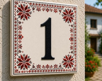 Placa de cerámica personalizada con número de casa estilo Vyshyvanka ucraniano – Letrero exterior para casa con bordado folclórico