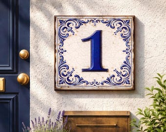 Número de casa portugués vintage – Letrero de cerámica estilo azulejo, placa de dirección exterior, número personalizado del 0 al 9, aspecto artesanal.