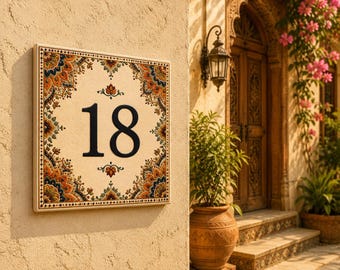 Número de casa estilo mandala bohemio – Azulejo de cerámica estilo indio – Placa de dirección personalizada – Decoración exterior para el hogar