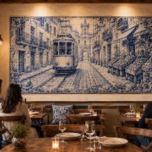 Pu&ograve; includere: Interno di un ristorante con un grande murale di piastrelle blu e bianche raffigurante una scena di strada con un tram. Tavoli e sedie in legno sono allestiti per la cena, con persone sedute ad alcuni tavoli. Il murale &egrave; il punto focale.