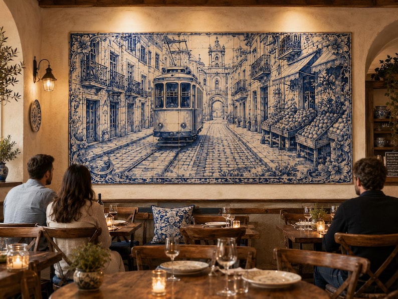 Pu&ograve; includere: Interno di un ristorante con un grande murale di piastrelle blu e bianche raffigurante una scena di strada con un tram. Tavoli e sedie in legno sono allestiti per la cena, con persone sedute ad alcuni tavoli. Il murale &egrave; il punto focale.