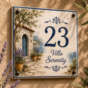 Op de afbeelding: Vierkant keramisch huisnummerbord met een kustscène. Het bord toont het nummer "23" in marineblauw, samen met de woorden "Villa Serenity". Het kunstwerk toont een villa, zee en potplanten, omlijst door een marineblauwe rand.