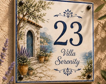 Azulejo personalizado con número de casa de estilo mediterráneo, placa de cerámica con la dirección, letrero personalizado para villa, número de puerta costero, regalo para casa nueva