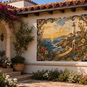 Può includere: Un grande murale di piastrelle raffigurante una scena costiera con un faro, l'oceano e un tramonto. L'opera d'arte è incorniciata da un bordo floreale nei toni del blu, arancione e giallo. Il murale è montato su un muro di stucco bianco.