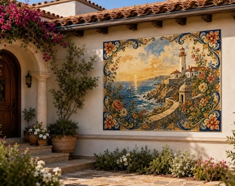 Mural de azulejos portugueses, arte mural de cerámica mediterránea, panel de azulejos de faro costero, revestimiento de cocina, decoración de sala de estar y fachada.