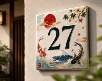 Placa de dirección japonesa, letrero de casa de cerámica personalizado, azulejo del Monte Fuji con peces koi, número de puerta personalizado