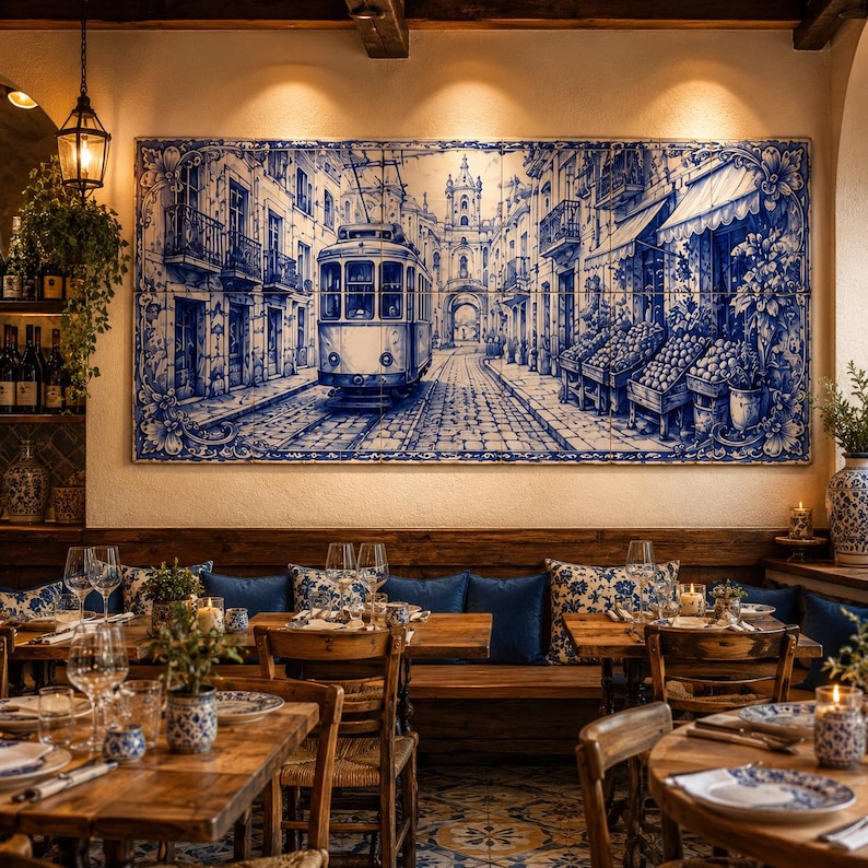 Pu&ograve; includere: Un grande murale di piastrelle blu e bianche raffigurante una scena di strada con un tram d'epoca, edifici e una bancarella di frutta. Il murale &egrave; montato su una parete color crema sopra tavoli e sedie in legno. L'ambiente del ristorante comprende tavoli, sedie e cuscini blu a fantasia.