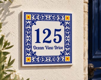 Letrero de lujo portugués con número de casa / Azulejo de cerámica personalizado con dirección / Placa de azulejo azul