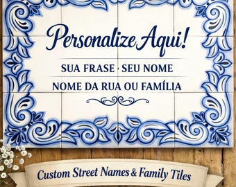 Letrero de azulejos personalizado, nombre de calle o apellido personalizado, azulejos de cerámica portugueses, letrero para casa, juego de azulejos de tamaño personalizado, decoración de pared
