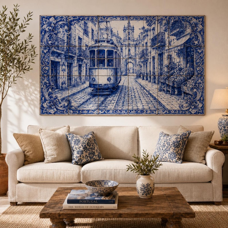 Pu&ograve; includere: Una grande opera d'arte murale raffigurante una scena piastrellata blu e bianca di una strada con un tram. L'opera d'arte &egrave; montata sopra un divano beige con cuscini fantasia. Un tavolino di legno con un libro e una ciotola decorativa &egrave; di fronte al divano.