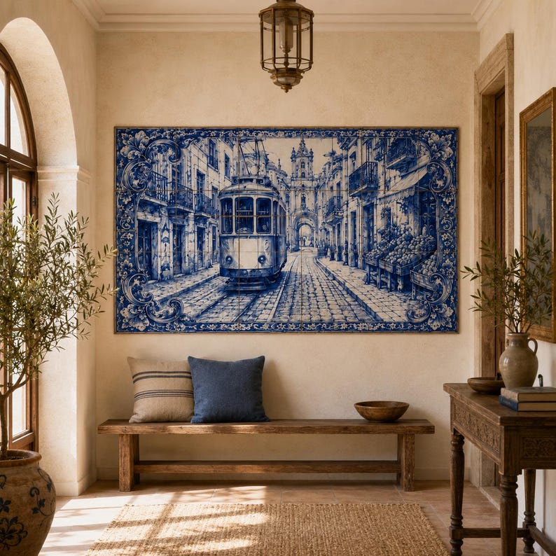 Pu&ograve; includere: Un grande murale rettangolare di piastrelle blu e bianche raffigurante un tram d'epoca che percorre una strada acciottolata fiancheggiata da edifici. Il murale &egrave; incorniciato e appeso sopra una panca di legno con cuscini.