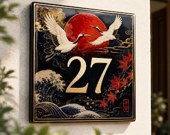 Placa de dirección japonesa, azulejo de cerámica personalizado con número de casa, letrero de puerta con grulla y sol rojo, decoración de pared exterior