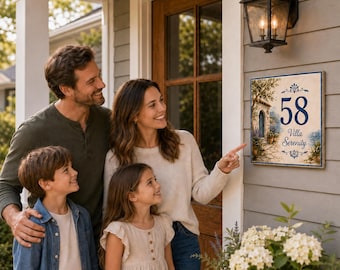 Carrelage numéro de maison méditerranéen personnalisé, plaque d'adresse en céramique, enseigne de maison de village personnalisée, numéro de porte du littoral, cadeau pour une nouvelle maison