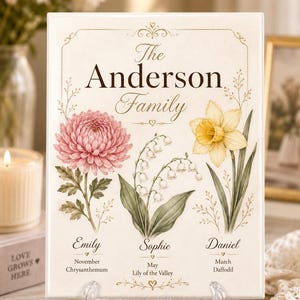 May include: A rectangular cream-coloured plaque featuring the text The Anderson Family, with three floral illustrations: a pink chrysanthemum for Emily, lily of the valley for Sophie, and a yellow daffodil for Daniel, each with birth months.