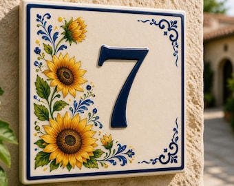 Número de casa con girasol ucraniano – Placa de cerámica personalizada con la dirección – Placa rústica para exteriores – Decoración de arte popular