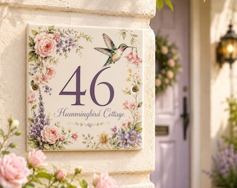 Letrero personalizado con número de casa de colibrí, azulejo de cerámica floral personalizado, placa de dirección para casa de campo, número de puerta, regalo de inauguración de casa