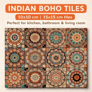 Könnte beinhalten: Indische Boho-Fliesen mit aufwendigen Mandala-Designs in Orange-, Blau- und Brauntönen. Erhältlich in den Größen 10x10 cm und 15x15 cm. Der Text auf dem Bild lautet "Indian Boho Tiles".
