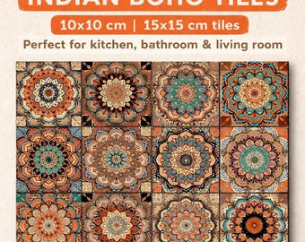 Juego de azulejos estilo bohemio indio, azulejos de cerámica con mandala de 10x10 pulgadas / 15 x 15 cm, coloridos azulejos para salpicaderos de cocina, decoración de pared estilo bohemio, azulejos estilo marroquí.