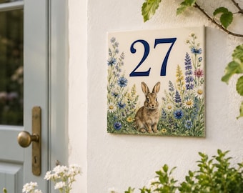 Placa de cerámica personalizada con número de casa, letrero de dirección con conejito de flores silvestres, azulejo con nombre familiar personalizado, decoración de puerta estilo cottagecore