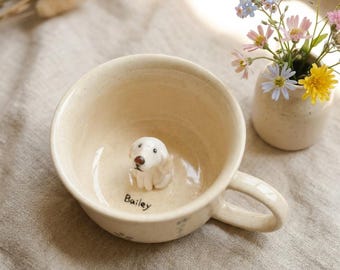 Pastel Flower Custom Pet Mug with Hidden Dog Figurine, Handmade Ceramic Mug, Custom Dog Mug, Personalized Dog Mug, Creative Birthday Gifts