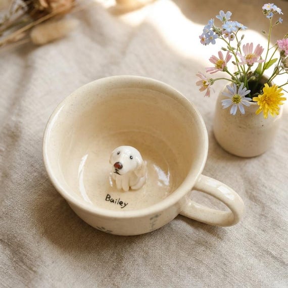 Pastel Flower Custom Pet Mug with Hidden Dog Figurine, Handmade Ceramic Mug, Custom Dog Mug, Personalized Dog Mug, Creative Birthday Gifts
