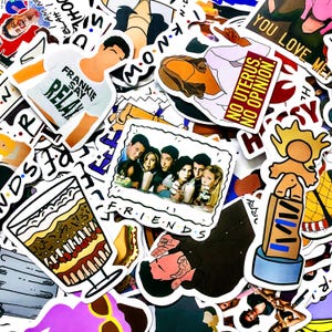 May include: A collection of colorful stickers with various designs. One sticker features the text "FRANKIE SAY RELAX" on a white t-shirt. Another shows the cast of "Friends". Other stickers have text like "YOU LOVE ME" and "NO UTERUS. NO OPINION."