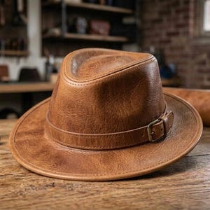 Könnte beinhalten: Ein beigefarbener Leder-Fedora-Hut mit strukturierter Krone, breiter Krempe und einem passenden Lederband, das mit einer Metallschnalle verziert ist. Der Hut weist eine texturierte Oberfläche mit sichtbaren Nähten entlang der Krempe auf.