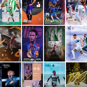 Peut inclure: Une collection d'art numérique sur le thème du football, présentant des joueurs en action. Les images montrent des joueurs en tenue d'équipe, des clichés d'action et des graphiques promotionnels. La palette de couleurs comprend des verts, des bleus et des violets, avec des superpositions de texte.